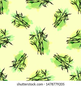 Seamless pattern of hand drawn sketch style bamboo stems with leaves. Isolated vector illustration.
