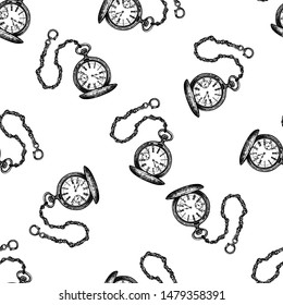 Seamless pattern of hand drawn sketch style pocket watches isolated on white background. Vector illustration.