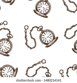 Seamless pattern of hand drawn sketch style pocket watches isolated on white background. Vector illustration.