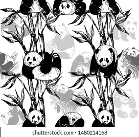 Seamless pattern of hand drawn sketch style pandas and bamboo stems with leaves isolated on white background. Vector illustration.