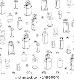 Seamless pattern with  hand drawn sketch of cosmetic package. Bottle, tube, flask. Monochrome elements isolated on white background. Vector illustration.