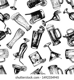 Seamless pattern of hand drawn sketch style beer and highball cocktails isolated on white background. Vector illustration.