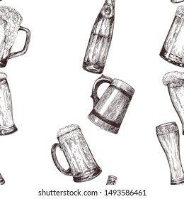 Seamless pattern of hand drawn sketch style beer mugs with bottles isolated on white background. Vector illustration.