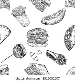 Seamless pattern of hand drawn sketch style fast food isolated on white background. Vector illustration.