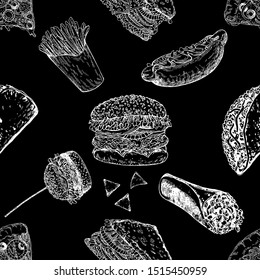 Seamless pattern of hand drawn sketch style fast food isolated on black background. Vector illustration.