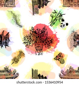 Seamless pattern of hand drawn sketch style China related objects isolated on white background. Vector illustration.