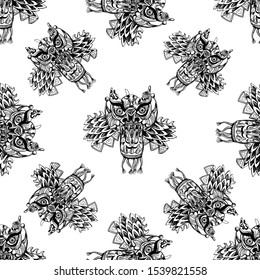 Seamless pattern of hand drawn sketch style Chinese dragon masks isolated on white background. Vector illustration.
