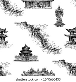 Seamless pattern of hand drawn sketch style China related objects isolated on white background. Vector illustration.