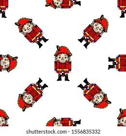 Seamless pattern of hand drawn sketch style colored Nutcracker character isolated on white background. Vector illustration.