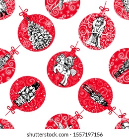 Seamless pattern of hand drawn sketch style characters and different objects related to The Nutcracker fairy tale isolated on white background. Vector illustration.