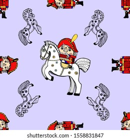 Seamless pattern of hand drawn sketch style characters and different objects related to The Nutcracker fairy tale. Isolated vector illustration.