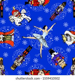 Seamless pattern of hand drawn sketch style characters and different objects related to The Nutcracker fairy tale isolated on blue background. Vector illustration.