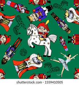 Seamless pattern of hand drawn sketch style characters and different objects related to The Nutcracker fairy tale isolated on green background. Vector illustration.
