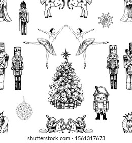 Seamless pattern of hand drawn sketch style characters and different objects related to The Nutcracker fairy tale isolated on white background. Vector illustration.