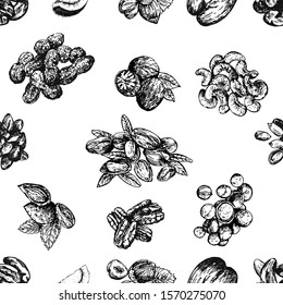 Seamless pattern of hand drawn sketch style different kinds of nuts isolated on white background. Vector illustration.