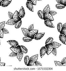 Seamless pattern of hand drawn sketch style almonds isolated on white background. Vector illustration.