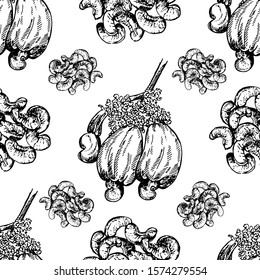 Seamless pattern of hand drawn sketch style cashew nuts isolated on white background. Vector illustration.