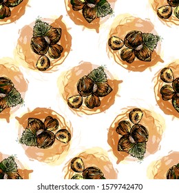 Seamless pattern of hand drawn sketch style hazelnuts isolated on white background. Vector illustration.
