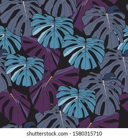 Seamless pattern of Hand drawn sketch Tropical palm leaves. Greeting card, invitation for summer beach party, flyer. Vector illustration. Rustic design style. Blue violet leaves on black background.