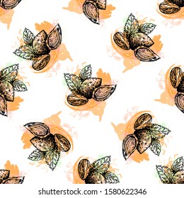 Seamless pattern of hand drawn sketch style almonds isolated on white background. Vector illustration.