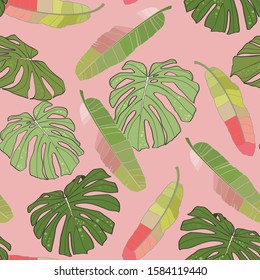 Seamless pattern of Hand drawn sketch Tropical palm leaves. Greeting card, invitation for summer beach party, flyer. Vector illustration. Rustic design style. Bright leaves on pink background.