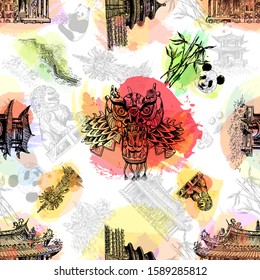 Seamless pattern of hand drawn sketch style China related objects isolated on white background. Vector illustration.