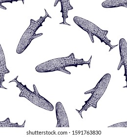 Seamless pattern of hand drawn sketch style abstract ethnic sharks isolated on white background. Vector illustration.