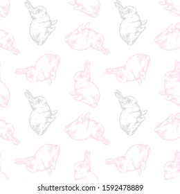 Seamless pattern with Hand Drawn Sketch Rabbit. Digital paper, fabric for cute things for children. Background for newborn party. Ink cute hare. Natural farm. Easter Bunny. Pink and grey color