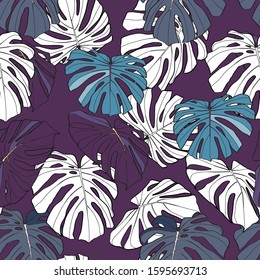 Seamless pattern of Hand drawn sketch Tropical palm leaves. Greeting card, invitation for summer beach party, flyer. Vector illustration. Rustic design style. Blue violet leaves on dark background.