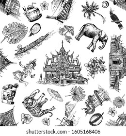 Seamless pattern of hand drawn sketch style Thailand related objects isolated on white background. Vector illustration.
