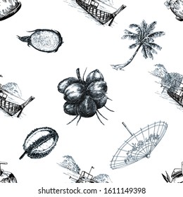 Seamless pattern of hand drawn sketch style Thailand related objects isolated on white background. Vector illustration.