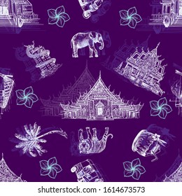 Seamless pattern of hand drawn sketch style Thailand related objects isolated on violet background. Vector illustration.
