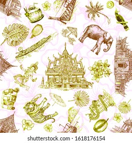 Seamless pattern of hand drawn sketch style Thailand related objects isolated on white background. Vector illustration.