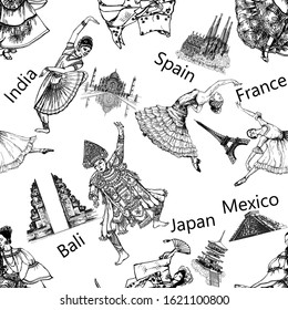 Seamless pattern of hand drawn sketch style dancers isolated on white background. Vector illustration.