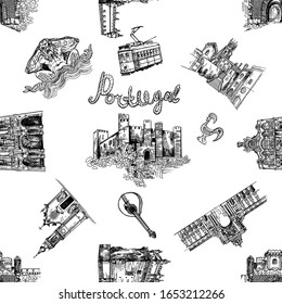 Seamless pattern of hand drawn sketch style Portugal related objects isolated on white background. Vector illustration.