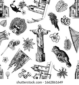 Seamless pattern of hand drawn sketch style Brazil related objects isolated on white background. Vector illustration.