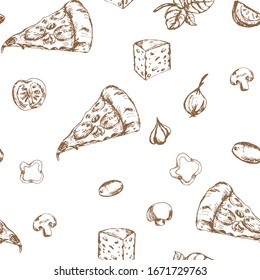 Seamless pattern hand drawn sketch style pizza. Slice of pizza design template, logo hand drawn vector illustration delicious pizza