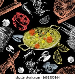 Seamless pattern of hand drawn sketch style Spainish food isolated on black background. Vector illustration.