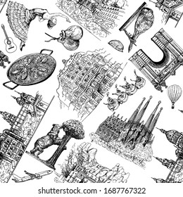 Seamless pattern of hand drawn sketch style Spain related objects isolated on white background. Vector illustration.