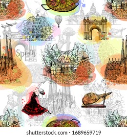 Seamless pattern of hand drawn sketch style Spain related objects isolated on white background. Vector illustration.