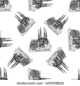 Seamless pattern of hand drawn sketch Sagrada Familia isolated on white background. Vector illustration.