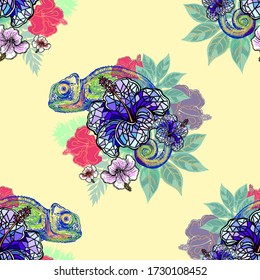 Seamless pattern of hand drawn sketch style abstract chameleons and plants isolated on yellowish background. Vector illustration.