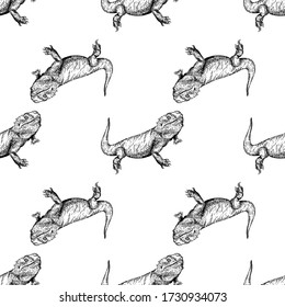 Seamless pattern of hand drawn sketch style bearded dragons isolated on white background. Vector illustration.