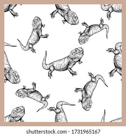 Seamless pattern of hand drawn sketch style bearded dragons isolated on white background. Vector illustration.