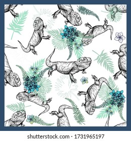Seamless pattern of hand drawn sketch style bearded dragons and plants isolated on white background. Vector illustration.