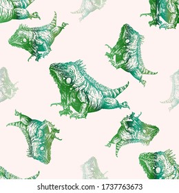 Seamless pattern of hand drawn sketch style iguana lizards. Isolated vector illustration.