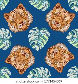 Seamless pattern of hand drawn sketch style abstract leaves and tiger faces isolated on blue background. Vector illustration.