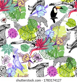 Seamless pattern of hand drawn sketch style cheetah, zebra, giraffe, cockatoo, toucan with tropical plants and flowers isolated on white background. Vector illustration.