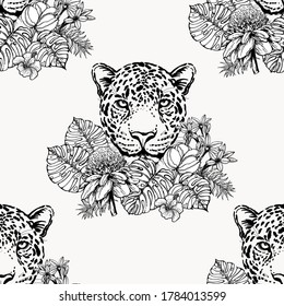 Patrón inexpugnable de retrato de estilo de boceto dibujado a mano de leopardo con plantas tropicales aisladas en fondo blanco. Ilustración vectorial.