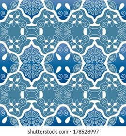 Seamless pattern, hand drawn sketch background, retro floral and geometric ornament, vector lace texture, white and blue